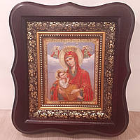 Икона Неопалимая Купина Пресвятая Богородица, лик 10х12 см, в темном деревянном киоте