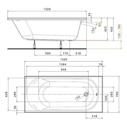 Ванна 150*70 см прямокутна з ніжками Kolo OPAL PLUS, фото 2