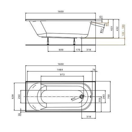 Ванна 160*70 см прямокутна з ніжками Kolo OPAL PLUS, фото 2