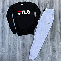 Мужской спортивный костюм чёрный свитшот с принтом "Fila" и меланжевые штаны с принтом "Fila"