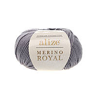 Пряжа для плетення Alize merino royal 87 сірий алізе меріно роял 100% вовна
