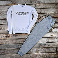 Мужской спортивный костюм белый свитшот с принтом "Calvin Klein" и меланжевые штаны с принтом "Calvin Klein"
