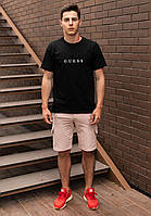 Мужской летний комплект чёрная футболка с принтом "GUESS" и бежевые шорты с карманами на липучках