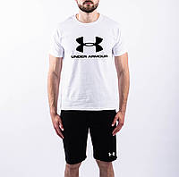Мужской летний комплект белая футболка с принтом "Under Armour" и чёрные шорты с принтом "Under Armour"