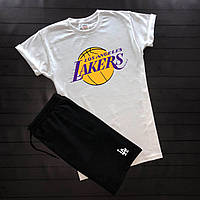 Мужской летний комплект белая футболка с принтом "Lakers" и чёрные шорты с принтом "LA"