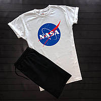 Мужской летний комплект белая футболка с принтом "Nasa" и черные шорты