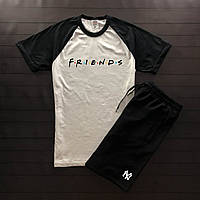 Мужской летний комплект двухцветная футболка с принтом "Friends" и чёрные шорты с принтом "NYC"