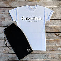 Мужской летний комплект белая футболка с принтом "Calvin Klein" и чёрные шорты с принтом "Calvin Klein"