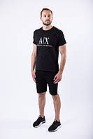 Мужской летний комплект чёрная футболка с принтом "AX" и чёрные шорты лампас