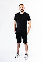 Мужской летний комплект чёрная футболка и чёрные шорты лампас