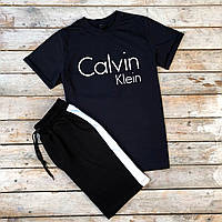 Мужской летний комплект темно-синяя футболка с принтом "Calvin Klein" и чёрные шорты лампас