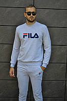 Мужской утепленный спортивный костюм меланжевый свитшот с принтом "Fila" и меланжевые штаны с принтом "Fila"