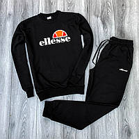 Мужской утепленный спортивный костюм чёрная кофта с принтом "Ellesse" и чёрные штаны с принтом "Ellesse"