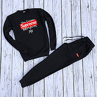 Мужской утепленный спортивный костюм чёрный свитшот с принтом "Supreme" и чёрные штаны с принтом "Supreme"
