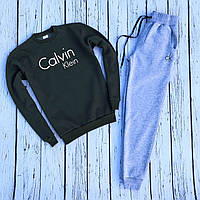 Мужской утепленный спортивный костюм хаки свитшот с принтом "Calvin Klein" и меланжевые штаны с принтом