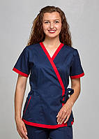 Блуза медицинская женская Азалия. ELIT COTTON Темно-синий с красным (отд)