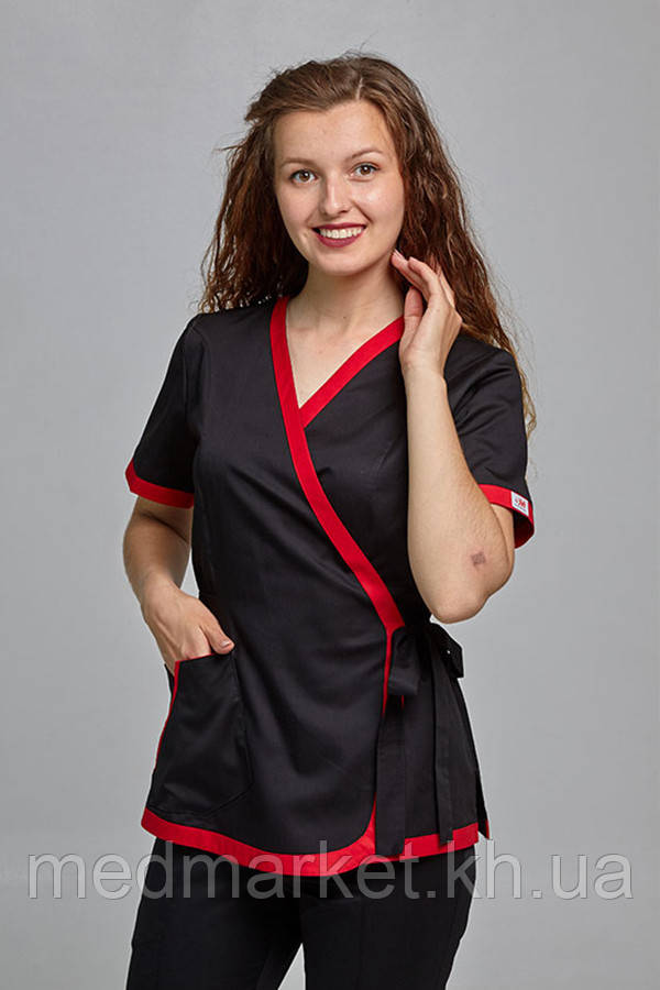Костюм медичний Азалія ELIT COTTON з звуженими штанами. Чорний з червоним (отд), фото 1