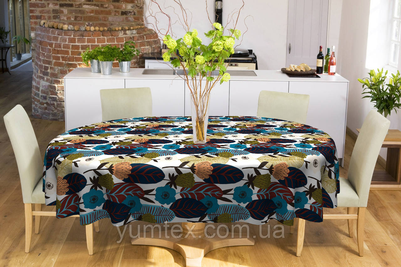 Скатертина овальна бавовна тефлонова водовідштовхувальна гідрофобна просочення білий геометричний візерунок на сірому, фото 1