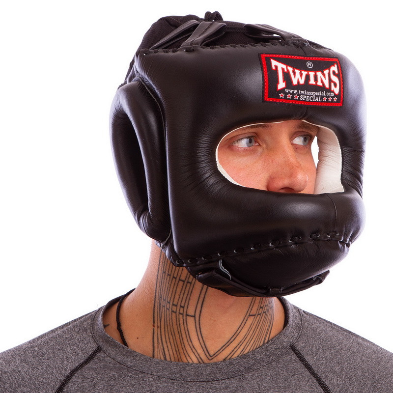 Кожаный боксерский шлем с бампером черный TWINS HGL-10: Gsport XL - фото 3 - id-p1342211014
