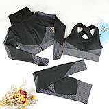 Спортивний жіночий костюм для фітнесу 3 предмети. Фітнес-костюм-трійка — лосини, топ, рашгард, M (чорний), фото 5