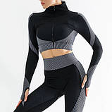 Спортивний жіночий костюм для фітнесу 3 предмети. Фітнес-костюм-трійка — лосини, топ, рашгард, M (чорний), фото 4