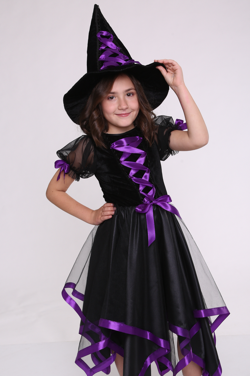 Карнавальний костюм на Гелловін Відьмочка №2 чорного кольору для дівчинки 5-8 років Бузок