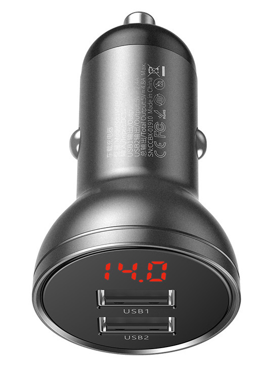 Автомобільний зарядний пристрій в прикурювач Baseus 2xUSB Швидка зарядка 4.8 A 24 Вт Сірий (CCBX-0G)