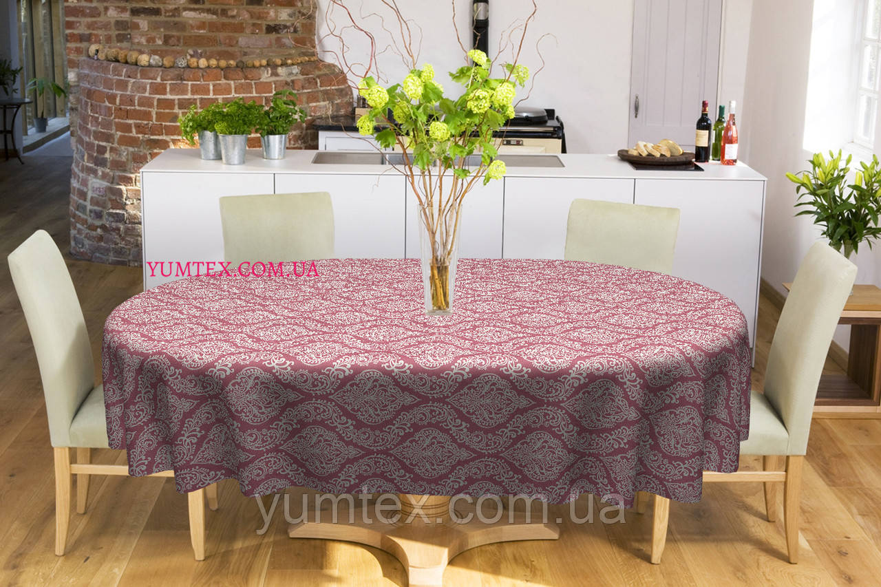 Скатертина овальна бавовна тефлонова водовідштовхувальна гідрофобна просочення білий геометричний візерунок на сірому, фото 1