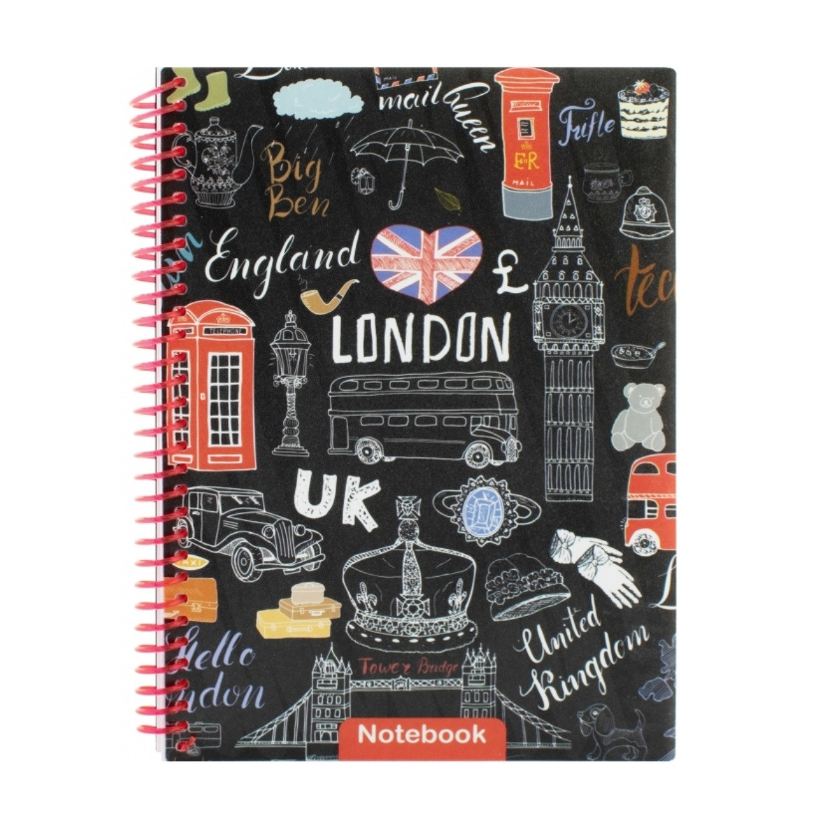 Блокнот А5 на спіралі, пластикова обкладинка 80 арк., "Travelling: ENGLAND" клітинка, Е21953-02