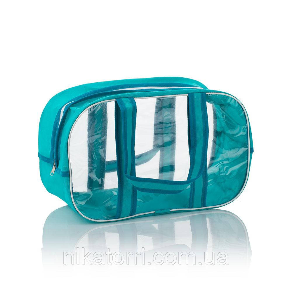 Комбінована сумка у пологовий будинок зі спанбонду та  прозорої плівки ПВХ, розмір  XL(65*35*30), колір Морскої хвилі