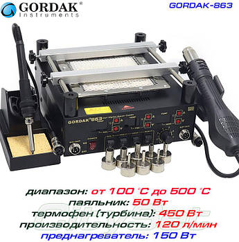 GORDAK 863 паяльна станція 3 в 1, від 100°С до 500 °C, потужність: 1105 Вт