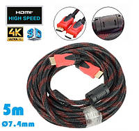 Кабель мультимедийный HDMI-HDMI 5м v1.4 в нейлоновой оплетке 2 ферритовых фильра 4K UltraHD 3D Диаметр 7.4mm