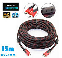 Кабель мультимедийный HDMI-HDMI 15м v1.4 в нейлоновой оплетке 2 ферритовых фильра 4K UltraHD 3D Диаметр 7.4mm