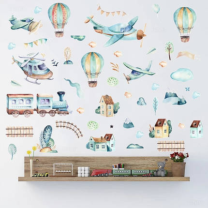 Наклейка на стену в детсад, в детскую комнату "самолет в облаках, воздушные шары" 80см*90см (листа 50*70см), фото 2