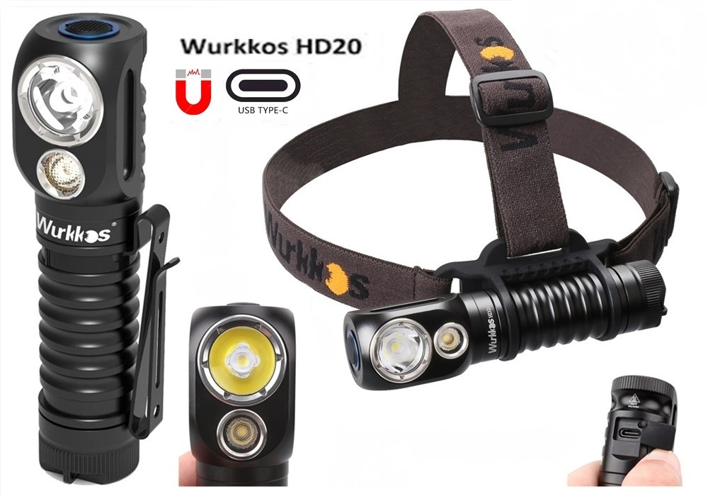 Налобний ліхтар WURKKOS HD20 з Дальнім і Ближнім світлом (2000LM, USB-C, IP68, Магніт, 5000k NW), Без батареї