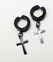 Сережки-кліпси затискачі обманки сталеві з хрестами чорні хрестики (стиль 3), 2 шт.