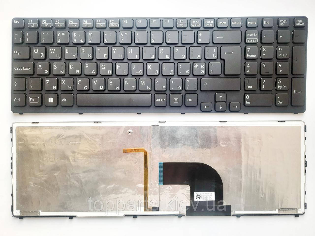 Клавіатура для ноутбуків Sony Vaio SVE15 (E15 Series) чорна з чорною рамкою, з підсвічуванням RU/US