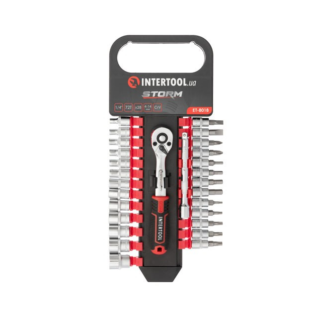 Набір головок 1/4" 4-14 мм, TORX, PH, HEX, SL, подовжувач, рукоятка з храповим механізмом 72 зуба, 28ед.,Cr-V
