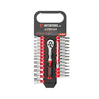 Набір головок 1/4" 4-14 мм, TORX, PH, HEX, SL, подовжувач, рукоятка з храповим механізмом 72 зуба, 28ед.,Cr-V