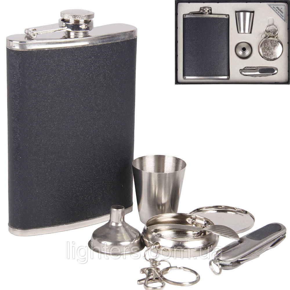 9oz Набір з флягою в шкірі, кишенькової попільничкою, складаним ножем, стаканчиком і лійкою. FP907410