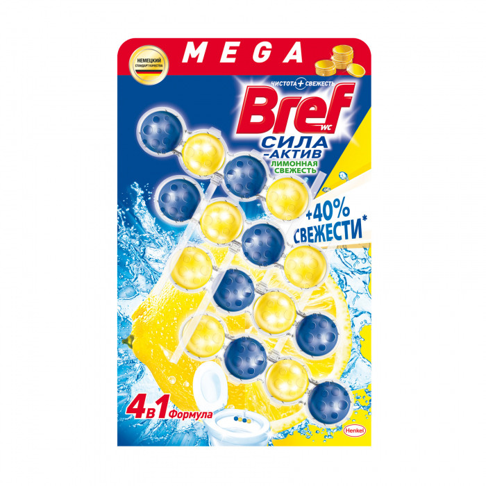 Очищаючий блок для туалету Бреф Bref Сила-Актив Лимонна свіжість, 4х50 г, фото 1