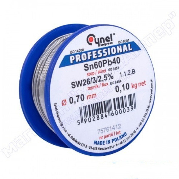 Припій Cynel Sn60Pb40-SW26 0.7 мм, 100г.