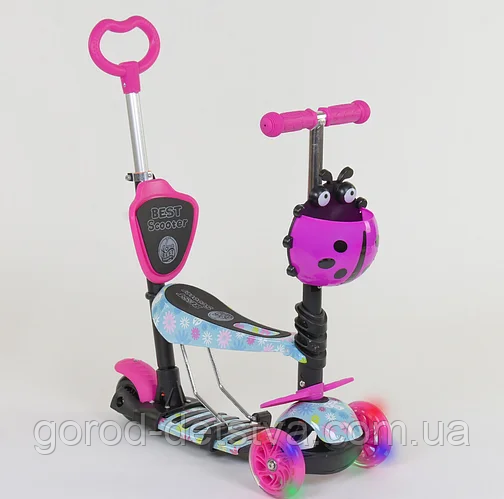 Дитячий триколісний самокат 11210 Best Scooter з сидінням, 5в1, світяться колеса, PU колеса, в коробці, фото 1