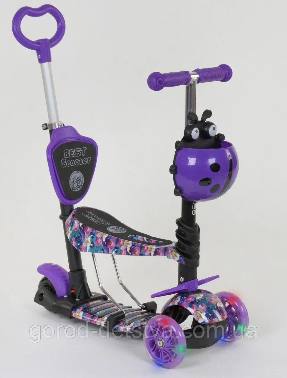 Дитячий триколісний самокат 19870 Best Scooter з сидінням, 5в1, світяться колеса, PU колеса, в коробці, фото 1