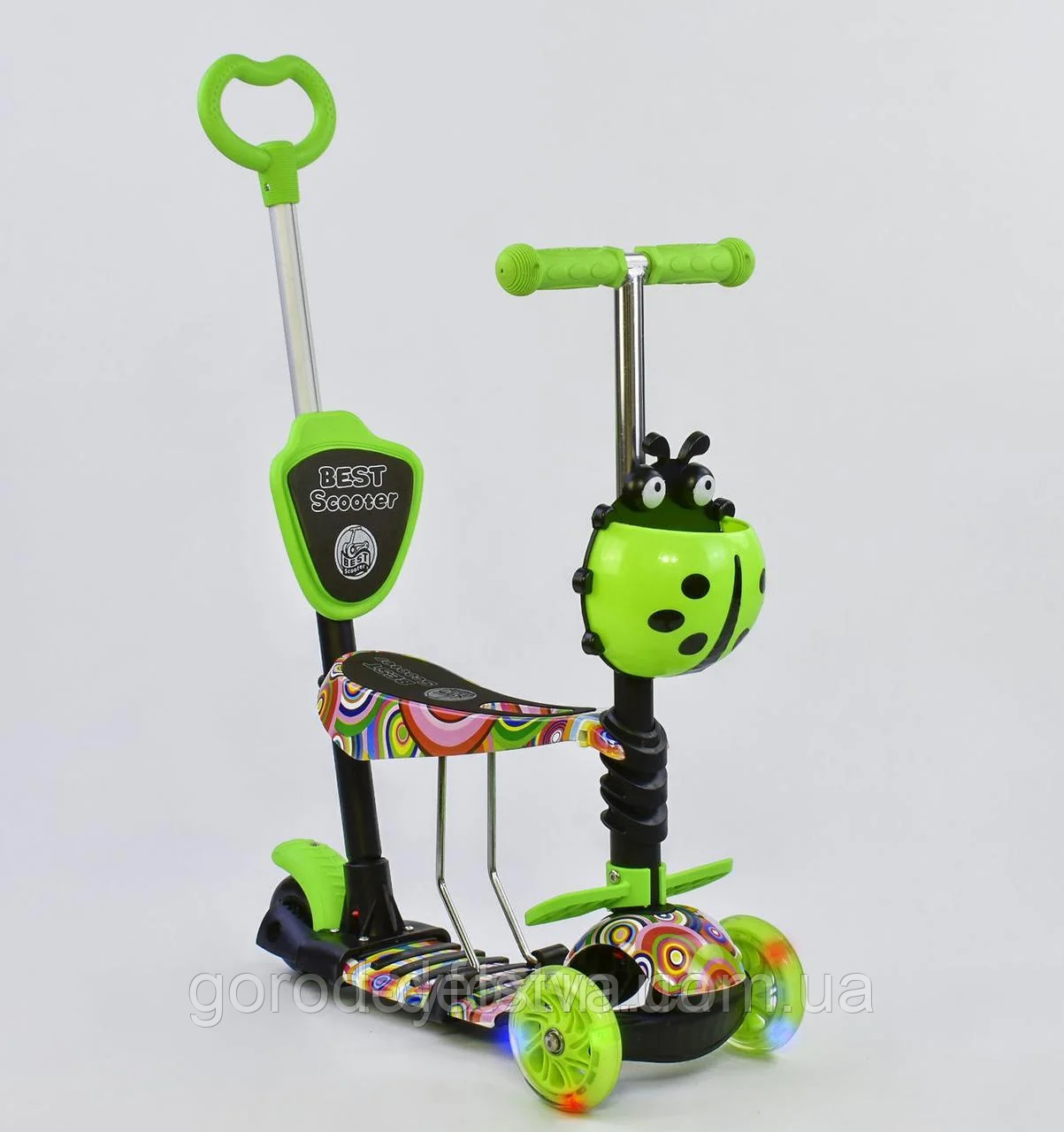 Дитячий триколісний самокат 33650 Best Scooter з сидінням, 5в1, світяться колеса, PU колеса, в коробці