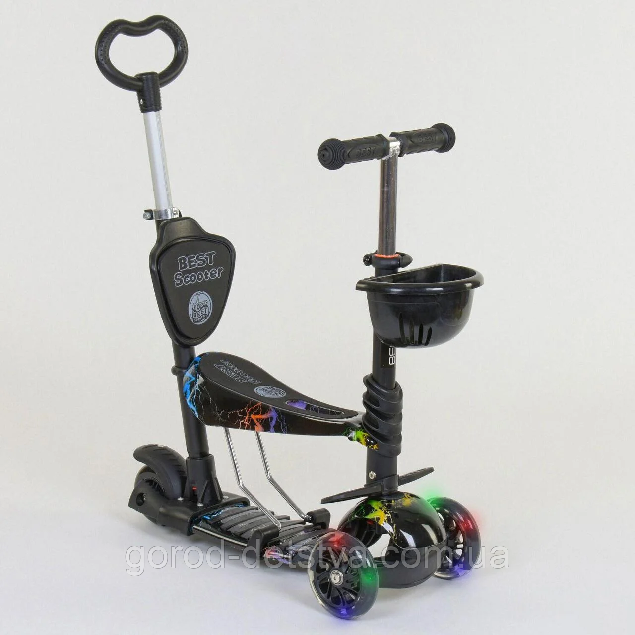 Дитячий триколісний самокат 35110 Best Scooter з сидінням, 5в1, світяться колеса, PU колеса, в коробці, фото 1