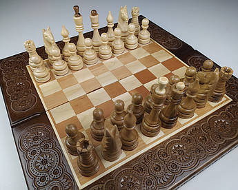 Шахи дерев'яні різьблені ручної роботи набір 3 в 1 шахи, шашки, нарди.