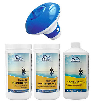 Готовий набір до басейну, Chemoform «Стандарт Плюс» (хлор-шок, мультитаб, альгіцид, дозатор)