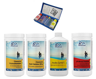 Готовий набір до басейну, Chemoform «Оптимум» (хлор-шок, мульти-таб, альгіцид, pH-мінус, тестер)