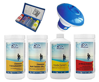 Готовий набір до басейну, Chemoform «Оптимум +» (хлор-шок, мульти-таб, альгіцид, pH-мінус, тестер, дозатор)